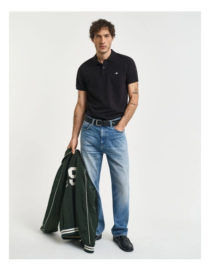 Slim Fit Shield Pique Polo Shirt in Black image 3