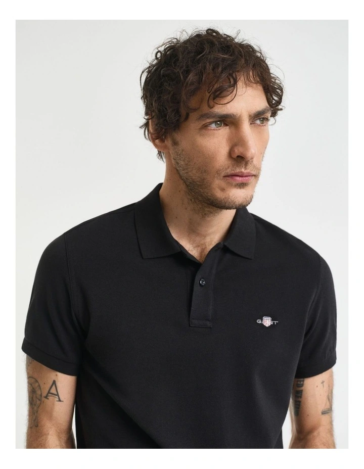 Slim Fit Shield Pique Polo Shirt in Black image 4