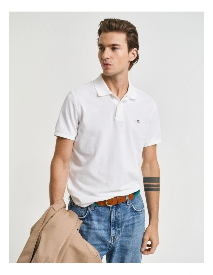 Slim Fit Shield Pique Polo Shirt in White image 1