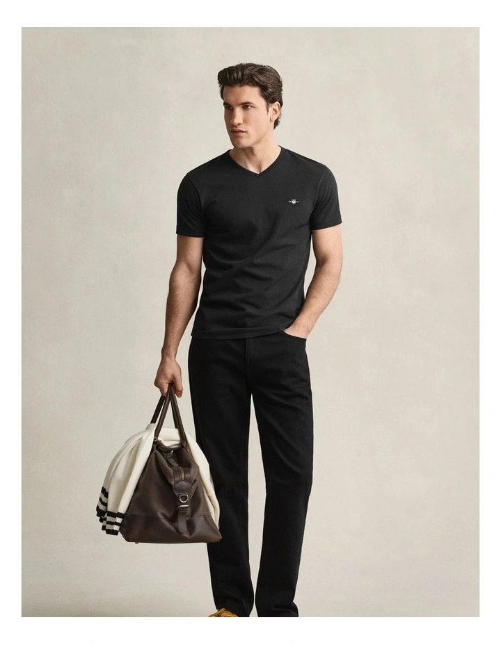 Slim Fit Shield V-Neck T-Shirt in Black image 4