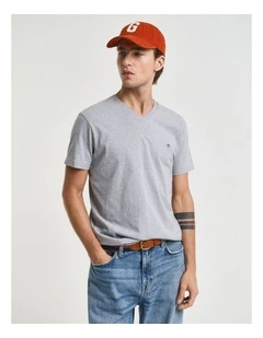 Slim Fit Shield V-Neck T-shirt in Grey Melange