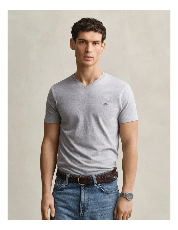 Slim Fit Shield V-Neck T-shirt in Grey Melange image 1