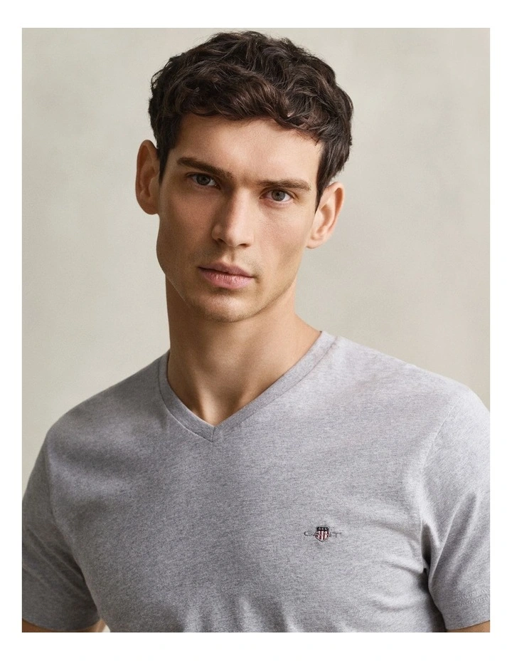 Slim Fit Shield V-Neck T-shirt in Grey Melange image 3