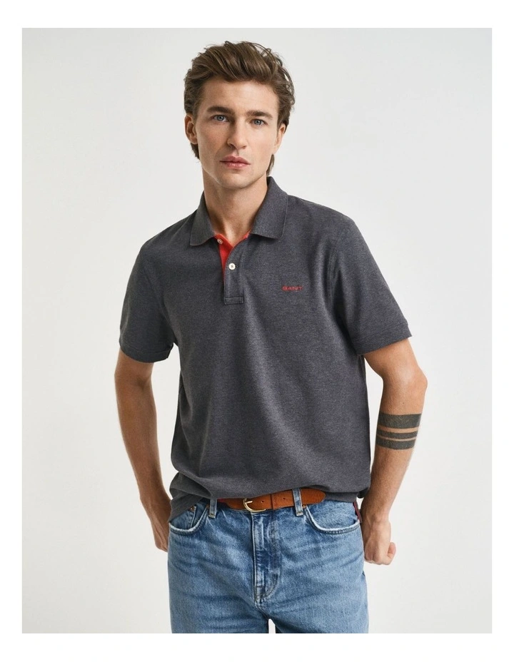 Contrast Pique Polo Shirt in Antracite Melange image 1