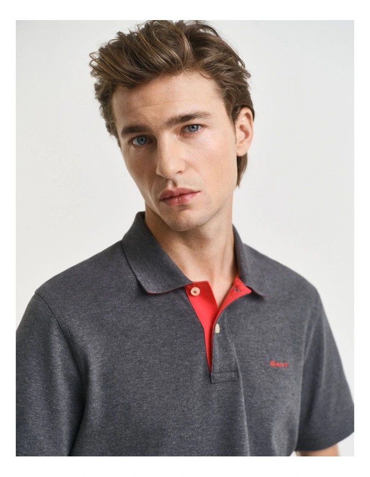 Contrast Pique Polo Shirt in Antracite Melange image 4