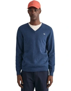 Classic Cotton V-Neck Knit in Blue Melange