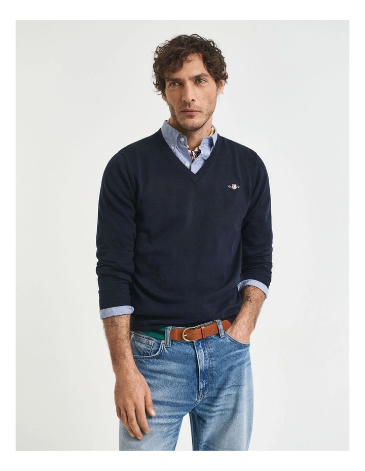 Classic Cotton V-Neck Knitwear in Evening Blue image 1
