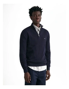 Cotton Pique Half-Zip Sweater in Evening Blue