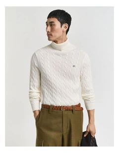 Cotton Cable Knit Turtleneck Sweater in Cream
