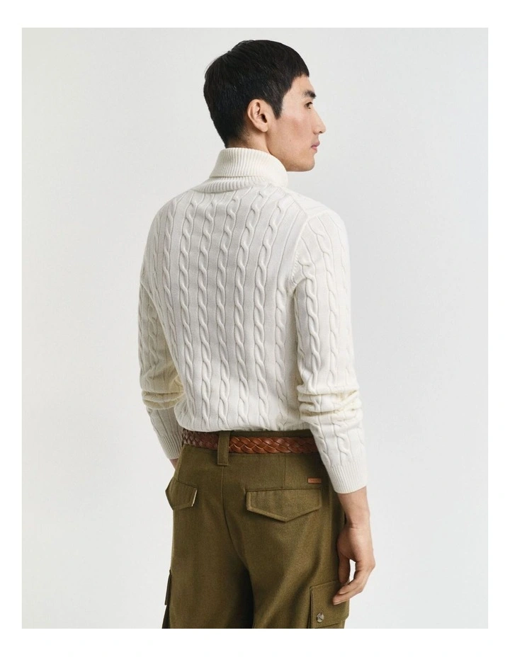 Cotton Cable Knit Turtleneck Sweater in Cream image 2