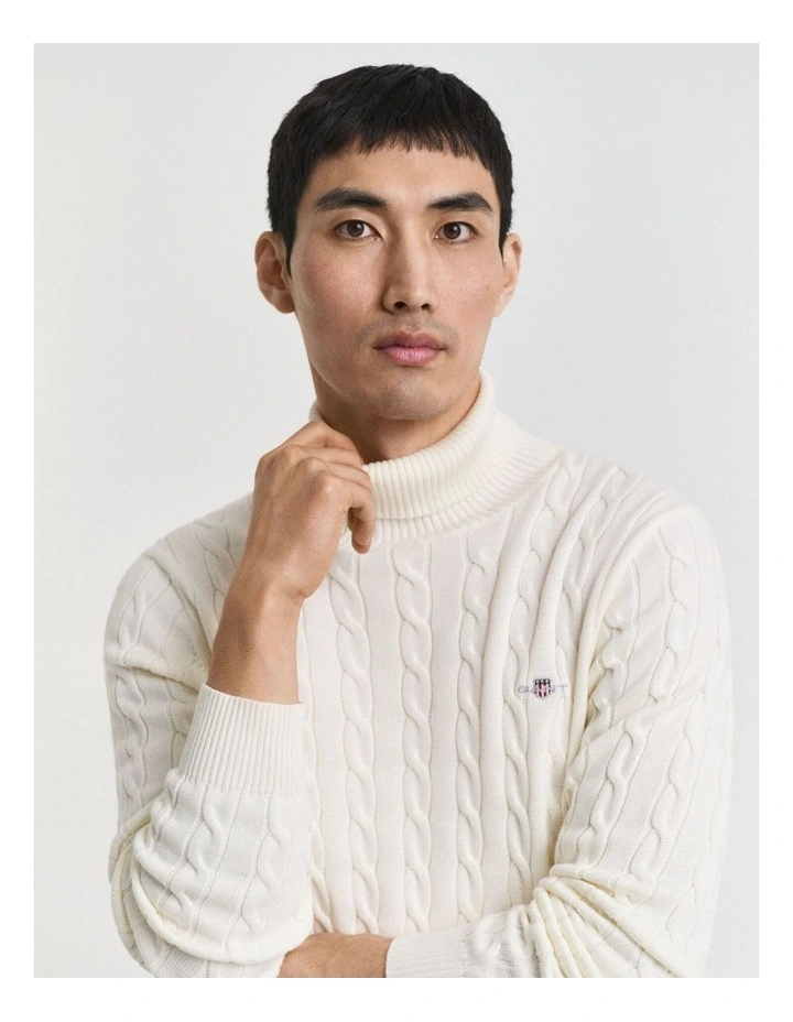 Cotton Cable Knit Turtleneck Sweater in Cream image 3