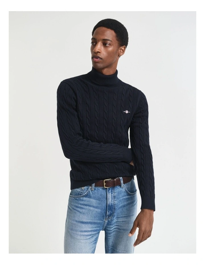 Cotton Cable Knit Turtleneck Sweater in Evening Blue image 1