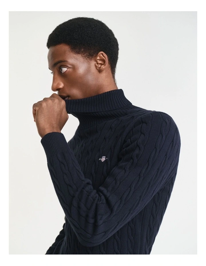 Cotton Cable Knit Turtleneck Sweater in Evening Blue image 3