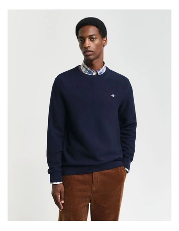 Micro Textured Cotton Crew Neck Knit in Evening Blue