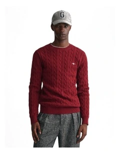 Cotton Cable Knit Crew Neck Sweater in Plumped Red