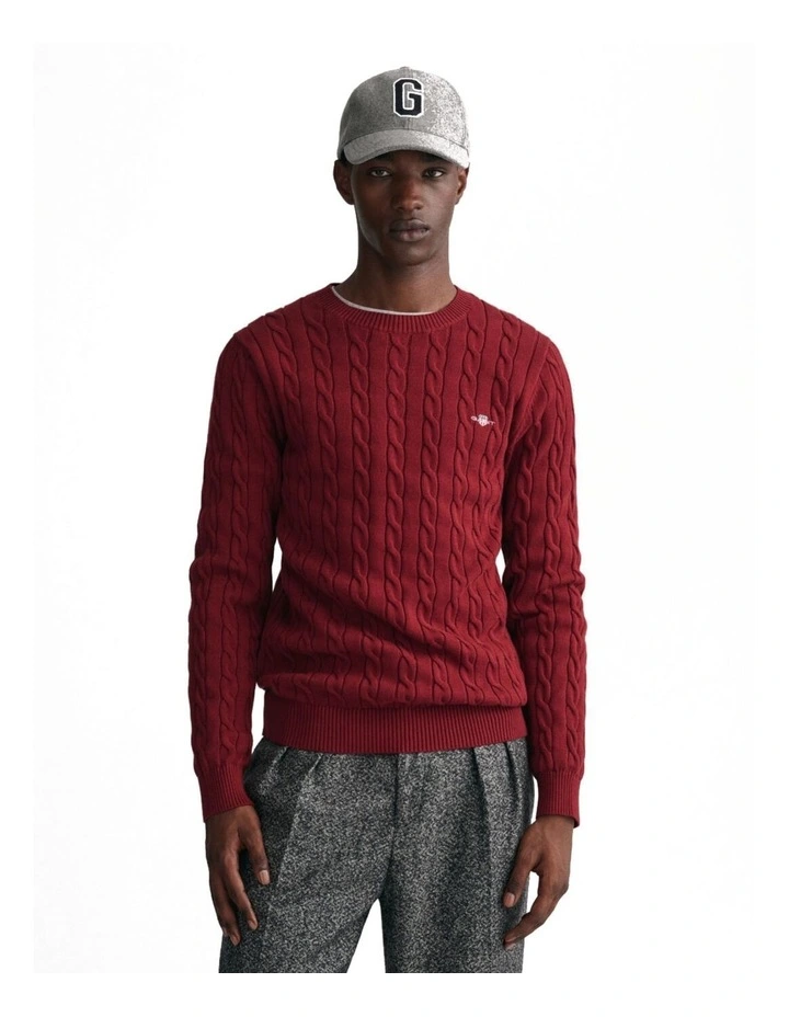 Cotton Cable Knit Crew Neck Sweater in Plumped Red image 1