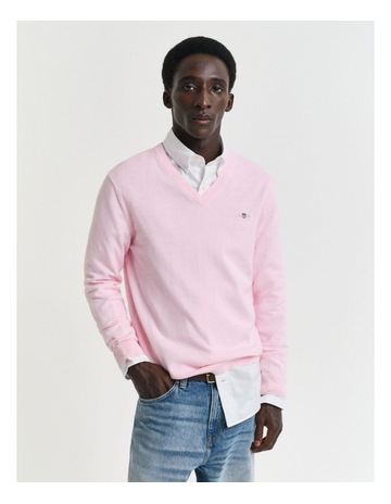 Classic Cotton V-Neck Knit in Light Pink Melange