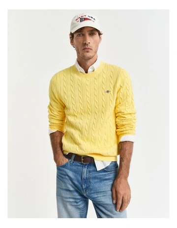 Cotton Cable Crew Neck Knit in Banana Yellow