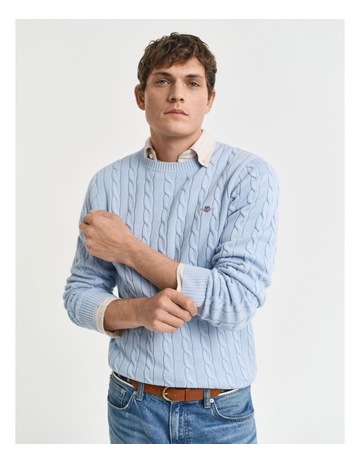 Cotton Cable Crew Neck Knit in Fresh Blue