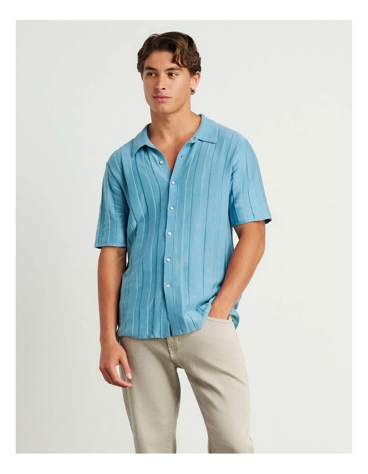 Spencer Button Thru Knit Shirt in Blue image 4