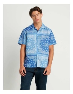 Andre Linen Cotton Print Shirt in Blue