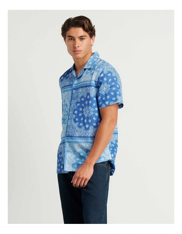 Andre Linen Cotton Print Shirt in Blue image 2