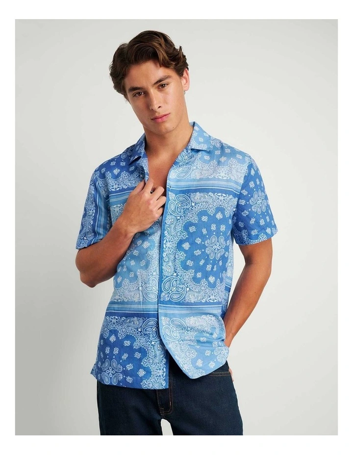 Andre Linen Cotton Print Shirt in Blue image 3