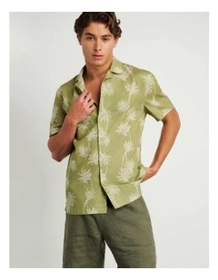 Andre Linen Cotton Print Shirt in Green