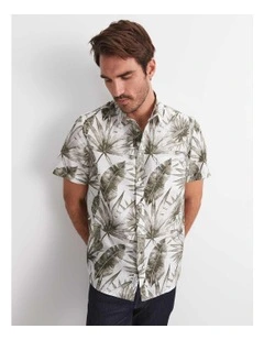 Cecile Palm Print Short Sleeve Shirt in Khaki/White