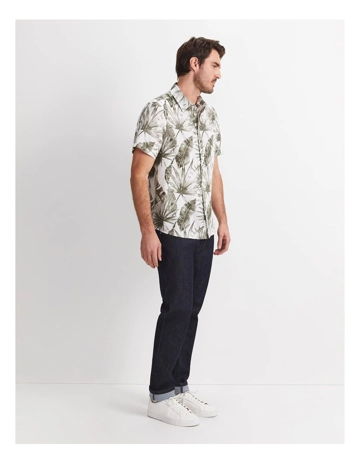 Cecile Palm Print Short Sleeve Shirt in Khaki/White image 3