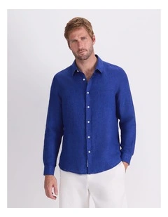 Linen Long Sleeve Delave Shirt in Blue Indigo