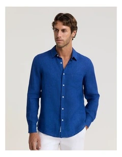 Linen Long Sleeve Delave Shirt in Blue Indigo