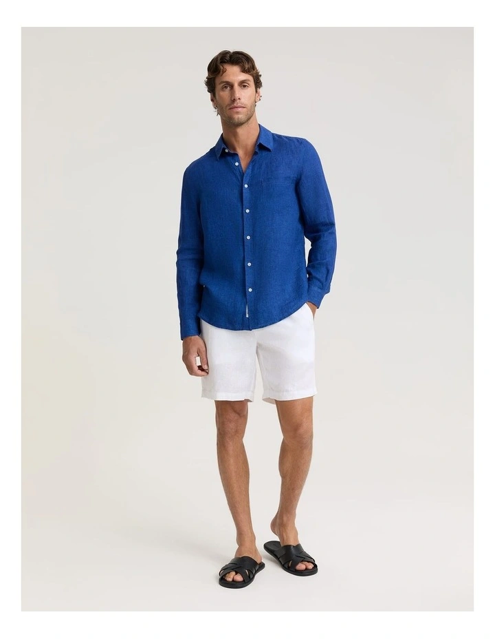 Linen Long Sleeve Delave Shirt in Blue Indigo image 3