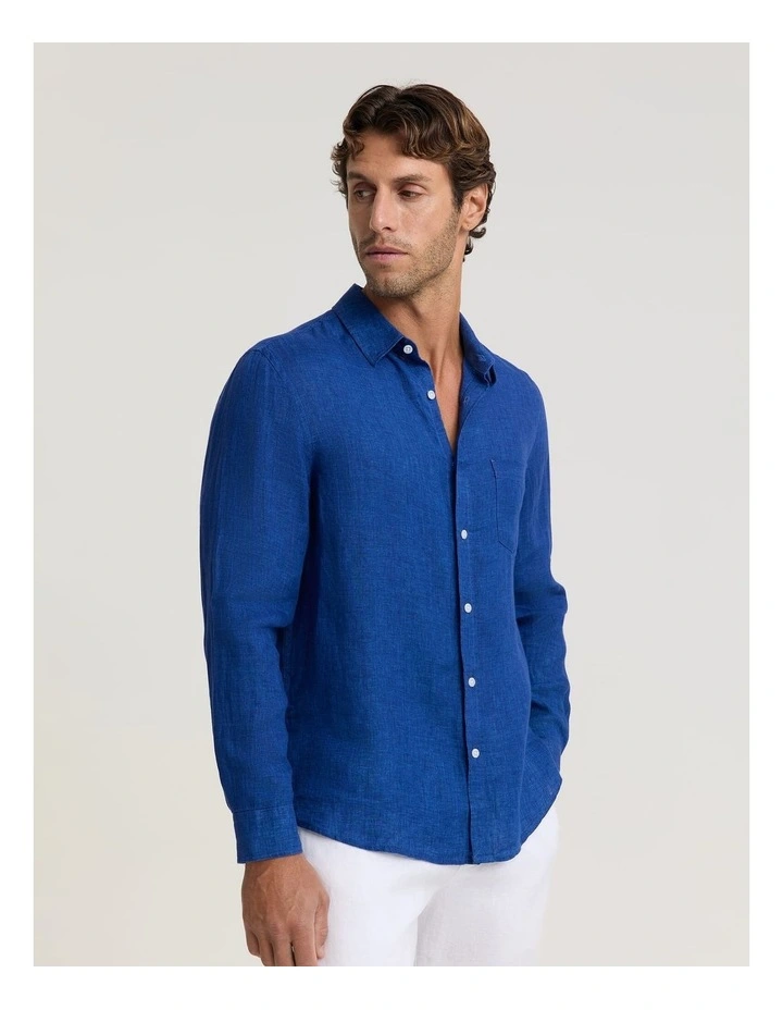 Linen Long Sleeve Delave Shirt in Blue Indigo image 4