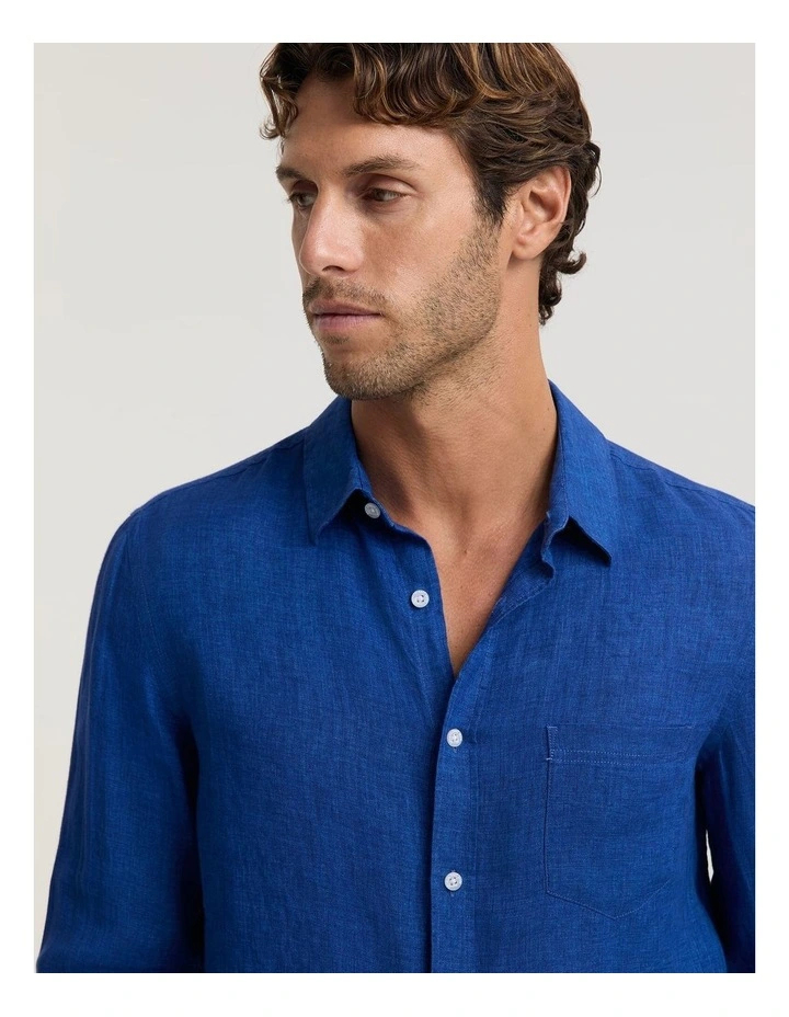 Linen Long Sleeve Delave Shirt in Blue Indigo image 5