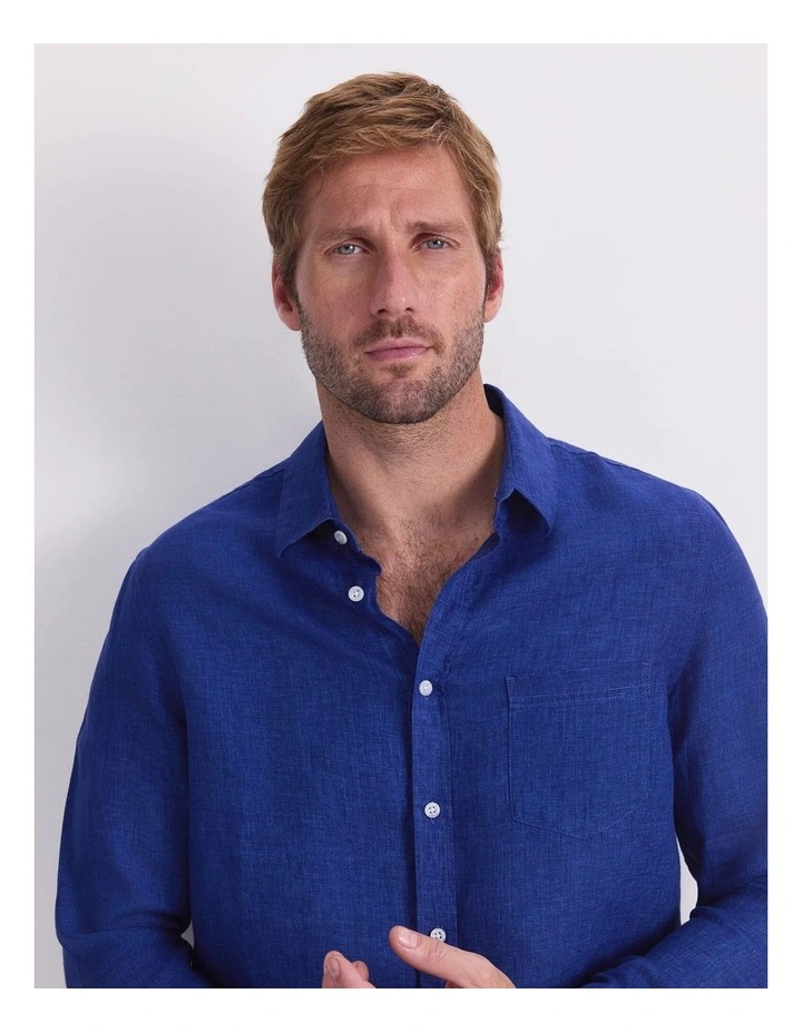 Linen Long Sleeve Delave Shirt in Blue Indigo image 6
