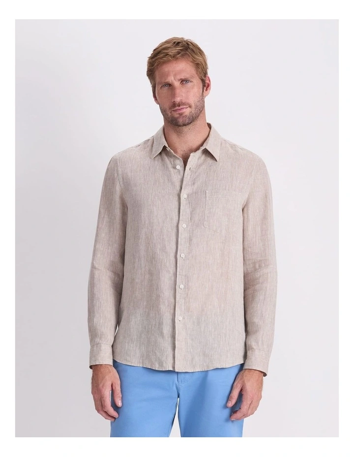 Long Sleeve Linen Yarn-Dyed Shirt in String image 1