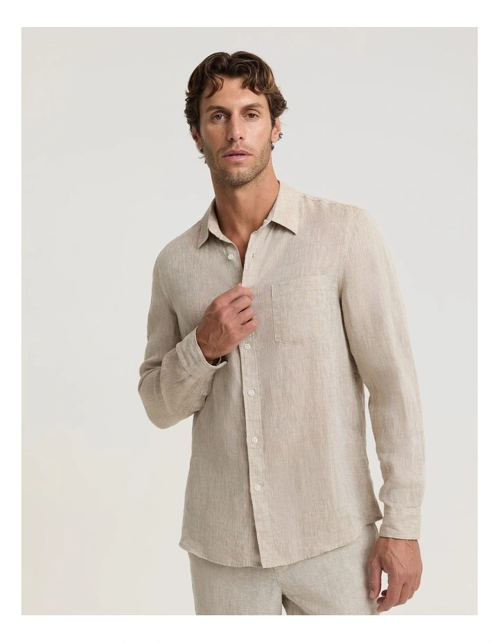 Long Sleeve Linen Yarn-Dyed Shirt in String image 1