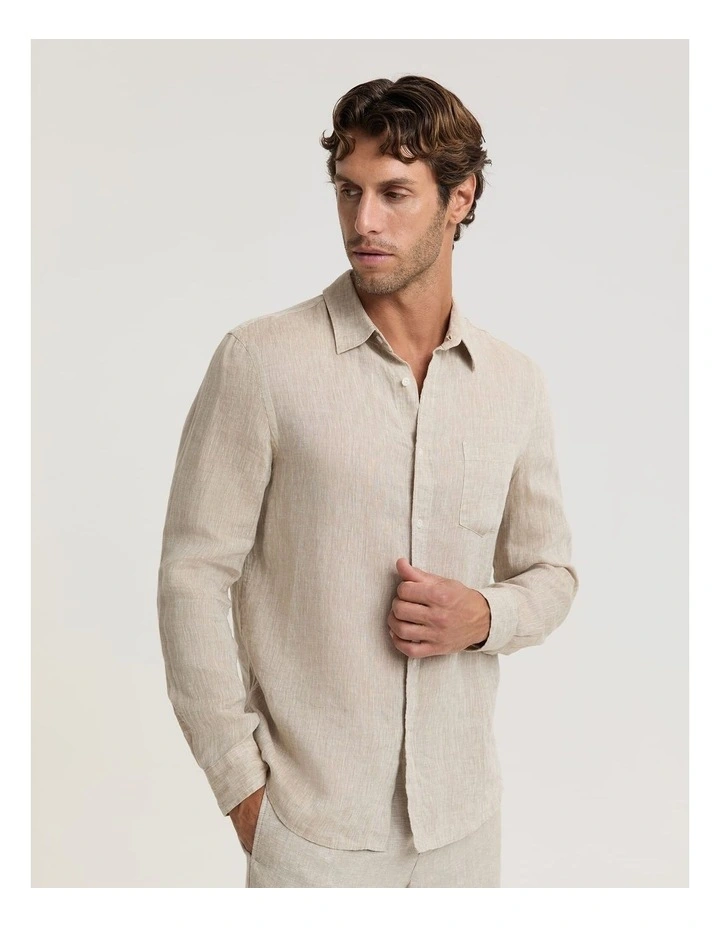 Long Sleeve Linen Yarn-Dyed Shirt in String image 4