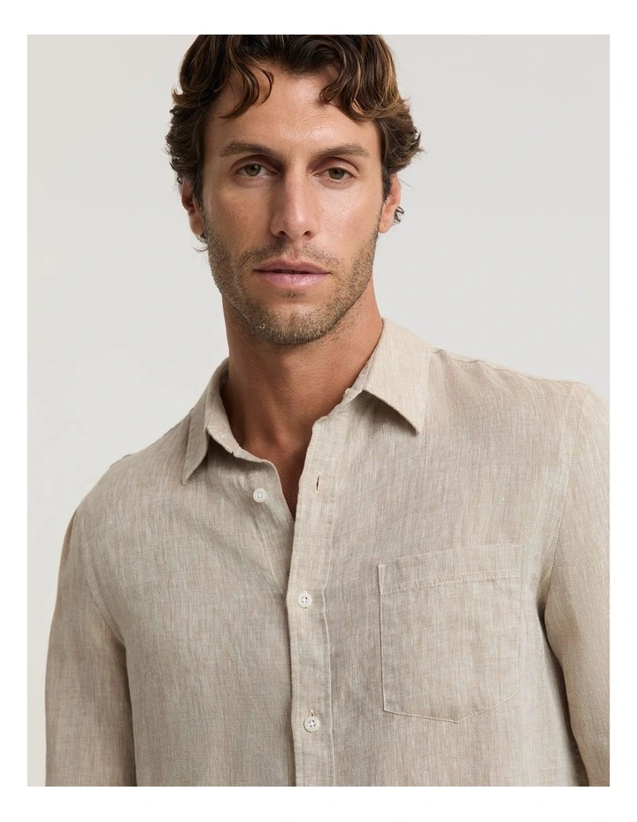 Long Sleeve Linen Yarn-Dyed Shirt in String image 5