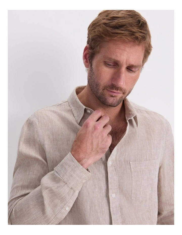 Long Sleeve Linen Yarn-Dyed Shirt in String image 6