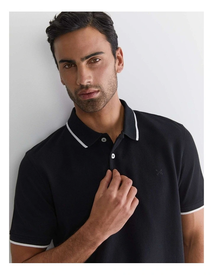 Tipped Pique Polo in Black image 2