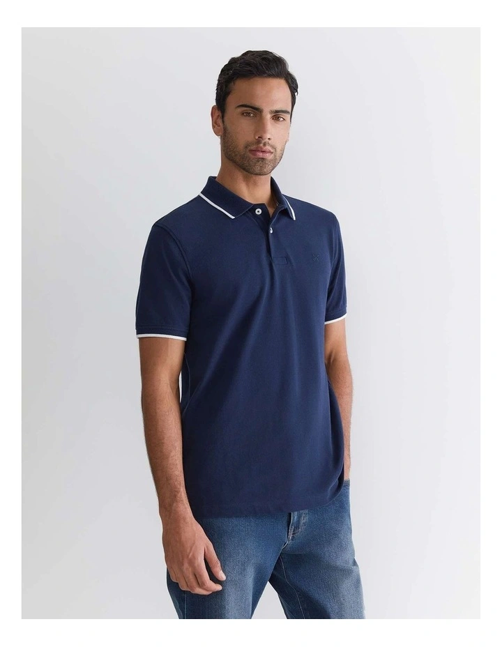 Tipped Pique Polo in Blue image 4
