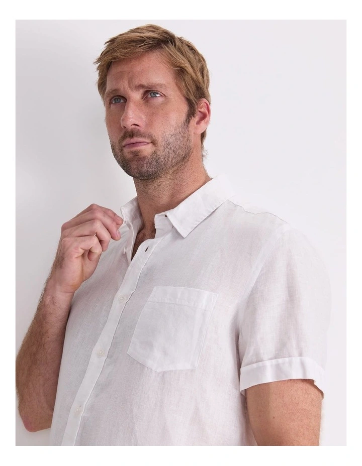 Short Sleeve Linen Shirt in White image 6