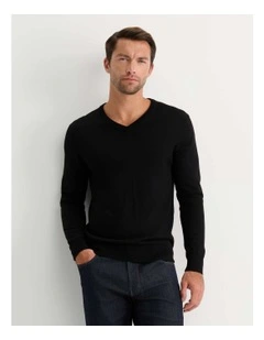 Merino V-Neck Knit Sweater in Black