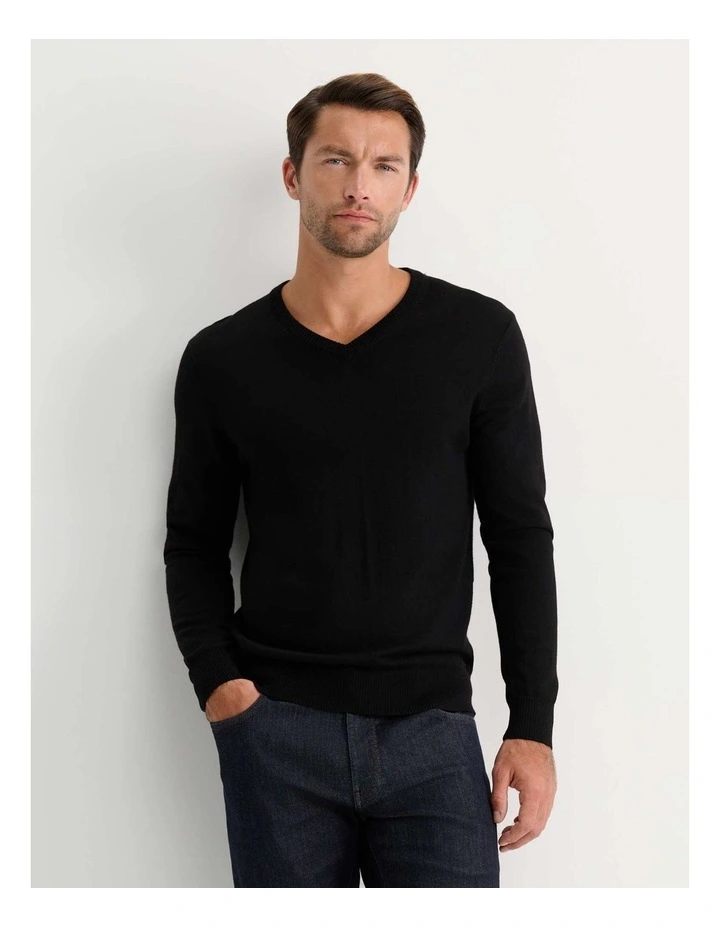 Merino V-Neck Knit Sweater in Black image 1