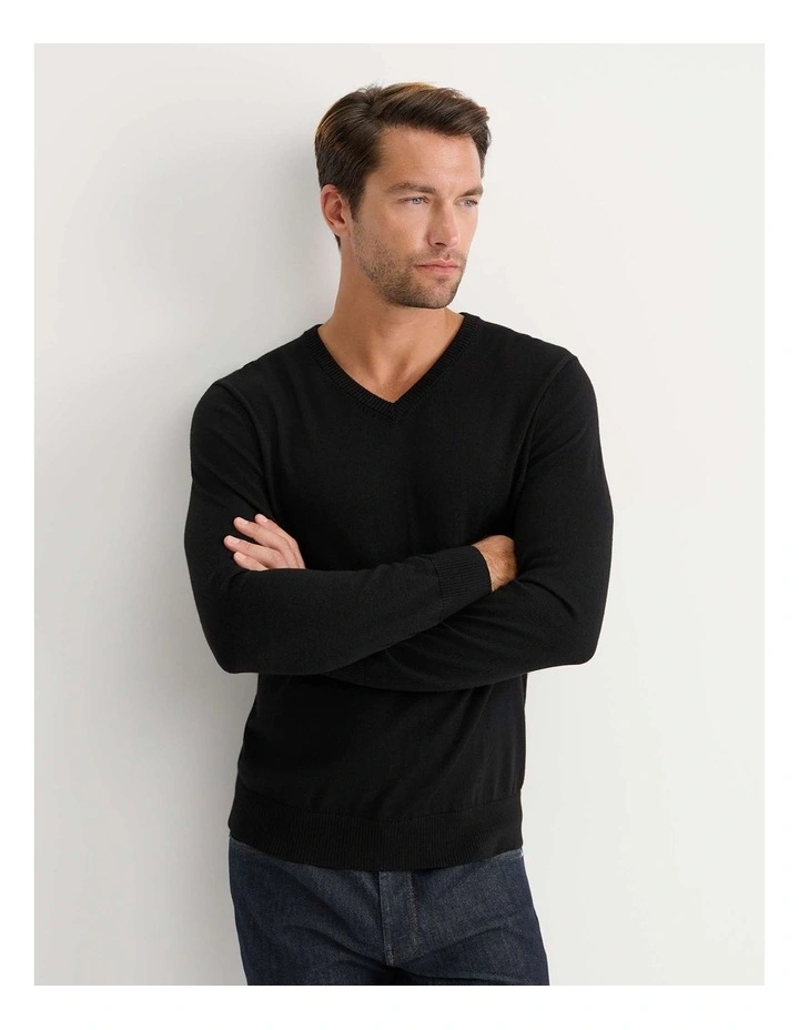 Merino V-Neck Knit Sweater in Black image 3