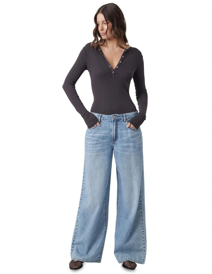 Alexis Long Sleeve Rib Henley Top in Washed Black image 1