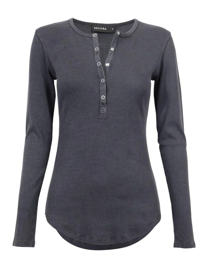 Alexis Long Sleeve Rib Henley Top in Washed Black image 4