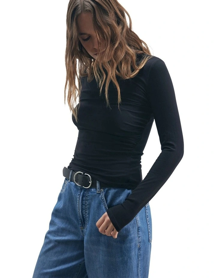 Marissa Ruched Long Sleeve Top in Black image 1